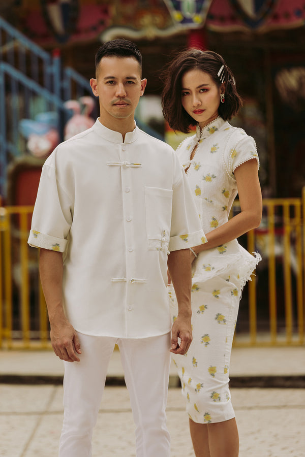 Glitterati'24 Shanghai Mens Top- White with Yellow Brocade
