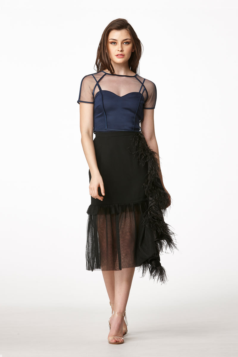 MOS Frills Midi Feather Skirt - Black