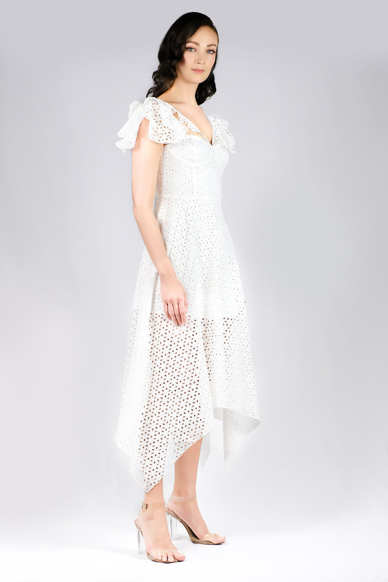 AW'18 Embroidered Lace Waterfall Dress - White