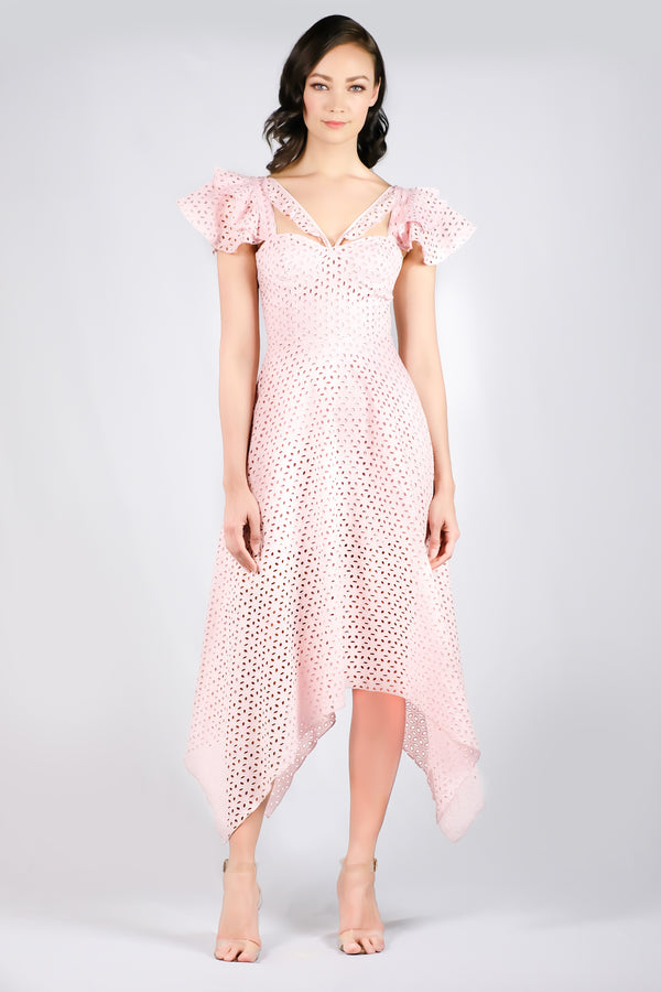AW'18 Embroidered Lace Waterfall Dress - Pink
