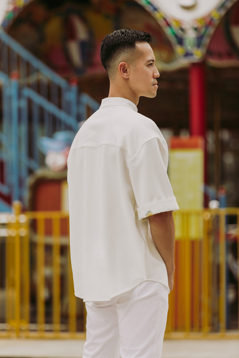 Glitterati'24 Shanghai Mens Top- White with Yellow Brocade