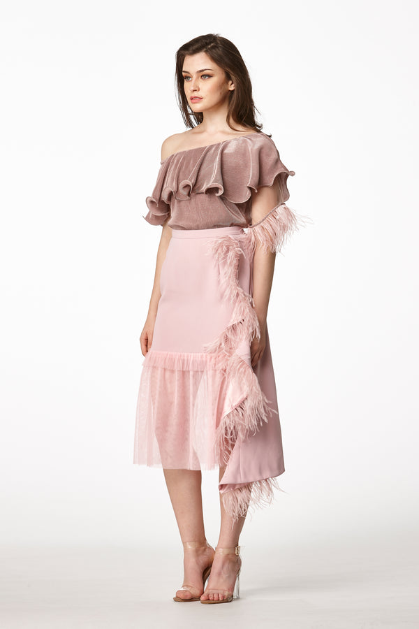 MOS Frills Midi Feather Skirt - Pink Flare