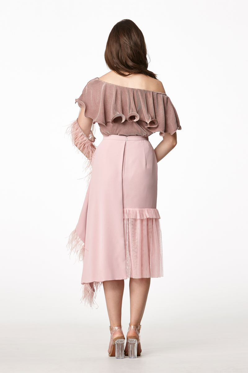 MOS Frills Midi Feather Skirt - Pink Flare